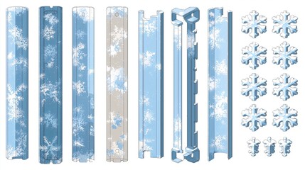 Modular snow decoration kit with seamless tileable strips, end caps, L-shape corners, door frame edges 