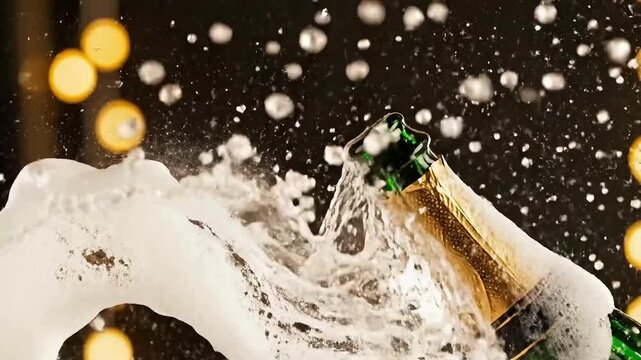 Champagne bottle exploding with celebratory bubbly for New Year's Eve or a successful business venture party event celebration