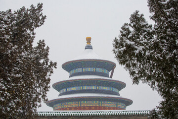 Hall of Prayer for Good Harvest ancient architecture scenery after snow at the Temple of Heaven, Beijing, China