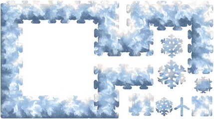 Modular snow decoration kit with seamless tileable strips, end caps, L-shape corners, door frame edges and connectors, vector clipart