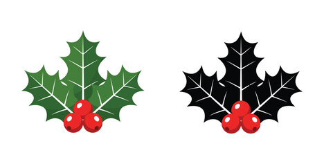Two stylized holly sprigs with red berries, one in vibrant green and the other in black silhouette, presented side by side.