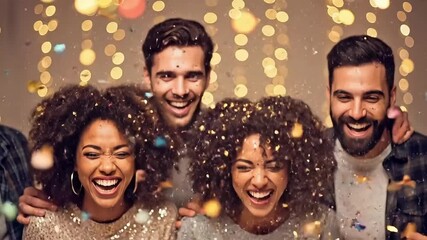 Diverse friends joyously celebrating with confetti and warm bokeh lights, perfect for festive events or social gatherings