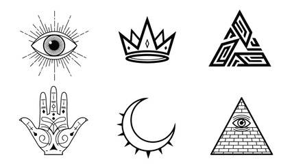 Collection of various mystical and spiritual symbols, including eyes, crowns, and hands.