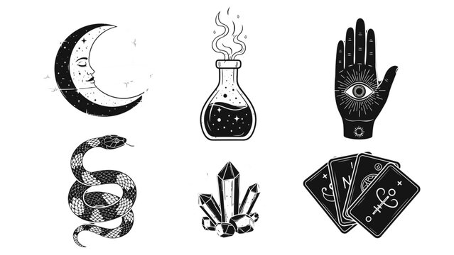 A collection of mystical and occult symbols including a crescent moon, potion bottle, hamsa hand, snake, crystals, and tarot cards.