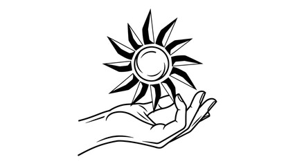 A hand gently cradling a stylized sun or starburst symbol in a black and white line art illustration.