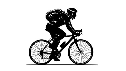 Silhouette of a cyclist wearing a helmet and backpack riding a road bicycle.