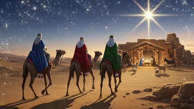 Three wise men journeying towards the shining star over Bethlehem, carrying gifts for baby Jesus in the desert landscape