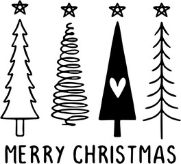 Set of Minimalist Outlined Christmas Trees Icons with Star Topper and Quote