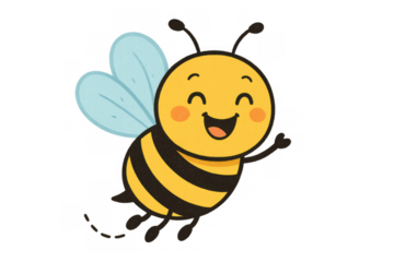 Happy flying cartoon bee character, cheerful insect buzzing, smiling mascot welcoming with transparent background