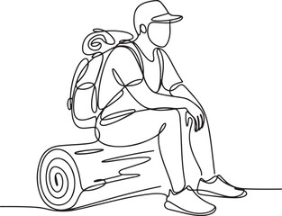 Continuous Line Art Illustration of a Seated Figure Resting on a Log with Backpack in Soft Sketchy Contour
