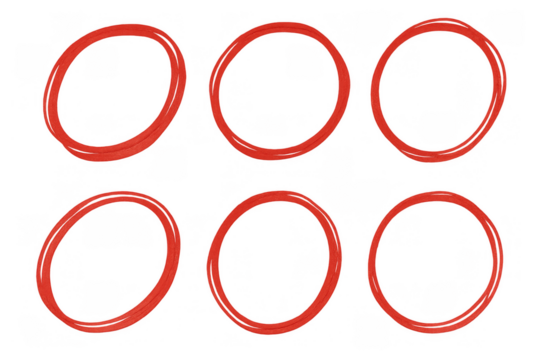 Red hand drawn circles highlighting important content, emphasizing error correction or selection, transparent background - Powered by Adobe