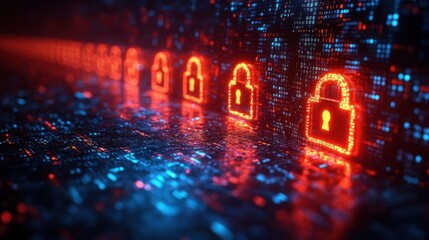 Cybersecurity - Row of Glowing Padlocks in Digital Space.