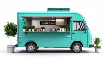 Turquoise food truck with open window, surrounded by potted plants, ready for service in urban setting.