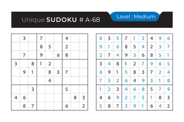 Sudoku puzzle with answer. Vector puzzle game with numbers for kids and adults. 9x9 sudoku Illustration on white background.