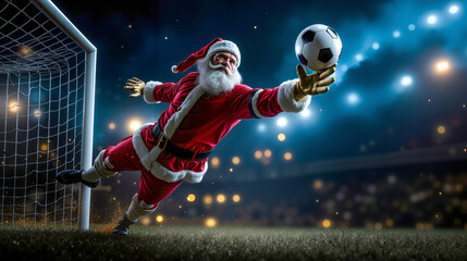 Obraz premium Santa claus kicking a soccer ball in front of a goal