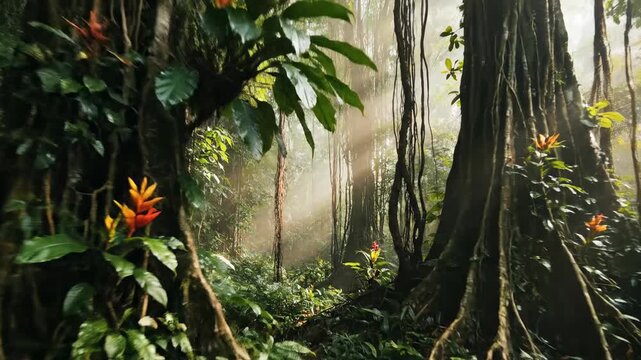 Cinematic dolly shot moving slowly through an incredibly dense wall of dark green jungle foliage and thick tropical vines during the day background, forest, ecosystem