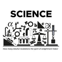 Science. Lettering. A set of scientific icons. Silhouettes. Isolated on white background. Vector illustration.