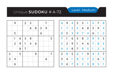 Sudoku puzzle with answer. Vector puzzle game with numbers for kids and adults. 9x9 sudoku Illustration on white background.