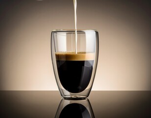 Pouring milk in a glass with espresso.