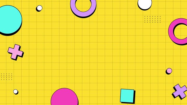Playful Memphis geometric background with clean grid and empty copy space for text or titles. Ideal for intro, presentation, template, animation, kids theme, or creative visual projects.