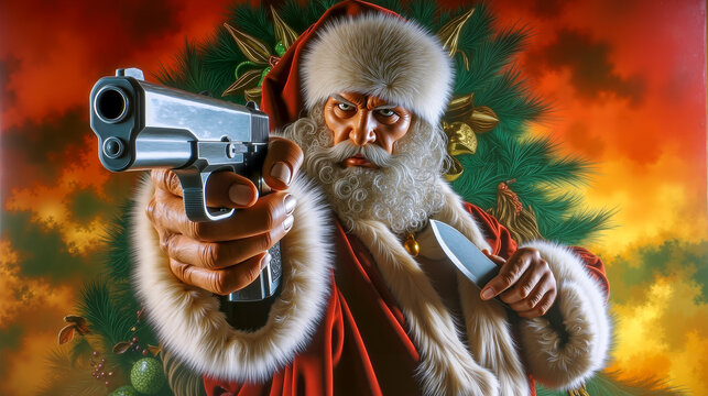 A santa claus holding a gun and a knife in his hand