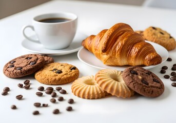 Cup of coffee with tasty croissants and cookies on white table. coffee beans scattered around.	
