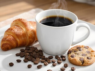 Cup of coffee with tasty croissants and cookies on white table. coffee beans scattered around.	
