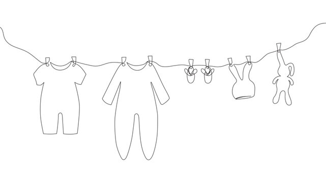 Cute kids' clothing hanging on a rope drawn in one line. Sketch. Continuous line drawing of baby things. Hand-drawn vector illustration in minimalist style