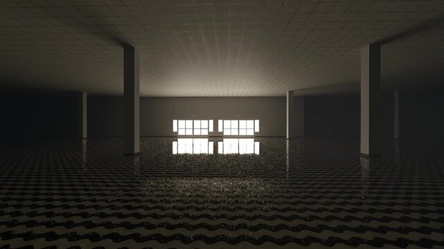 Liminals space backroom single exit door in the dark 3d render