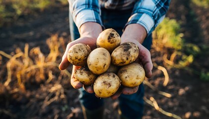 Harvesting potatoes in the field at the countryside. Selective focus. nature. Close up of farmer hands holding freshly dug organic potatoes.	