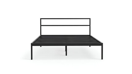 Black, minimalist metal bed frame with headboard, centered on a white background