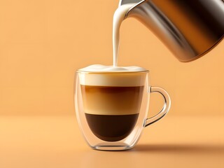Pouring milk in a glass with espresso.