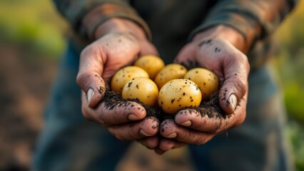 Harvesting potatoes in the field at the countryside. Selective focus. nature. Close up of farmer hands holding freshly dug organic potatoes.	
