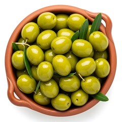 Fresh green olives piled high in a rustic terracotta bowl