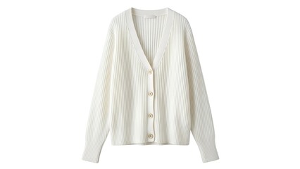 A ribbed, cream-colored cardigan with a V-neck and button closure, on a white background