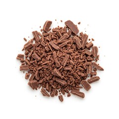 Pile of dark chocolate shavings on a white background