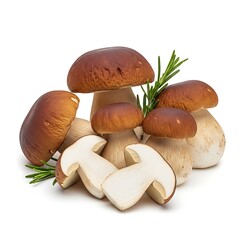 Fresh porcini mushrooms with rosemary sprigs on white background