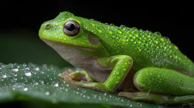 A vibrant green tree frog perched on a wet leaf, surrounded by rain droplets against a dark background.