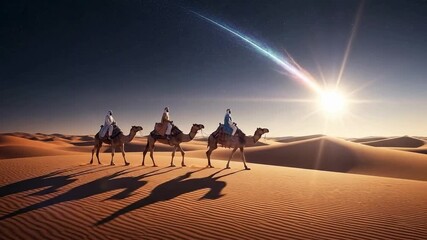 Mystical desert journey under a vibrant meteor shower, three travelers exploring the sands with majestic camels, a magical adventure
