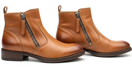 Pair of brown leather ankle boots with side zippers, isolated on white background