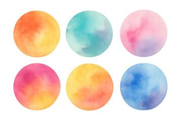 Watercolor paint circles set, colorful abstract round shapes with gradient texture, isolated on transparent background