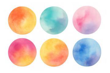 Watercolor paint circles set, colorful abstract round shapes with gradient texture, isolated on transparent background