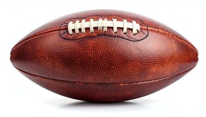 A close-up of a brown, textured American football isolated on a white background