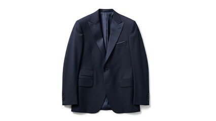 A navy blue tuxedo jacket, single-breasted, elegantly displayed on a white background