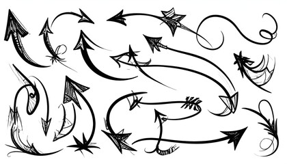 A collection of black hand-drawn arrows in various shapes and directions on a white background