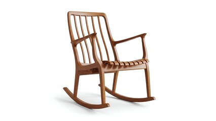 A wooden rocking chair with a slat back and arms, isolated on a white background