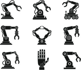 Collection of Nine Industrial Robotic Arms and Humanoid Hand Silhouettes Vector Icons for Manufacturing, Automation