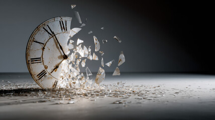 The conceptual image showing a shattering clock, symbolizing time decay and fleeting moments