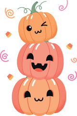 Cute stack of three kawaii pumpkins with happy faces illustration