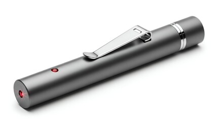 A silver metallic laser pointer with a pocket clip, showing a red light beam against white